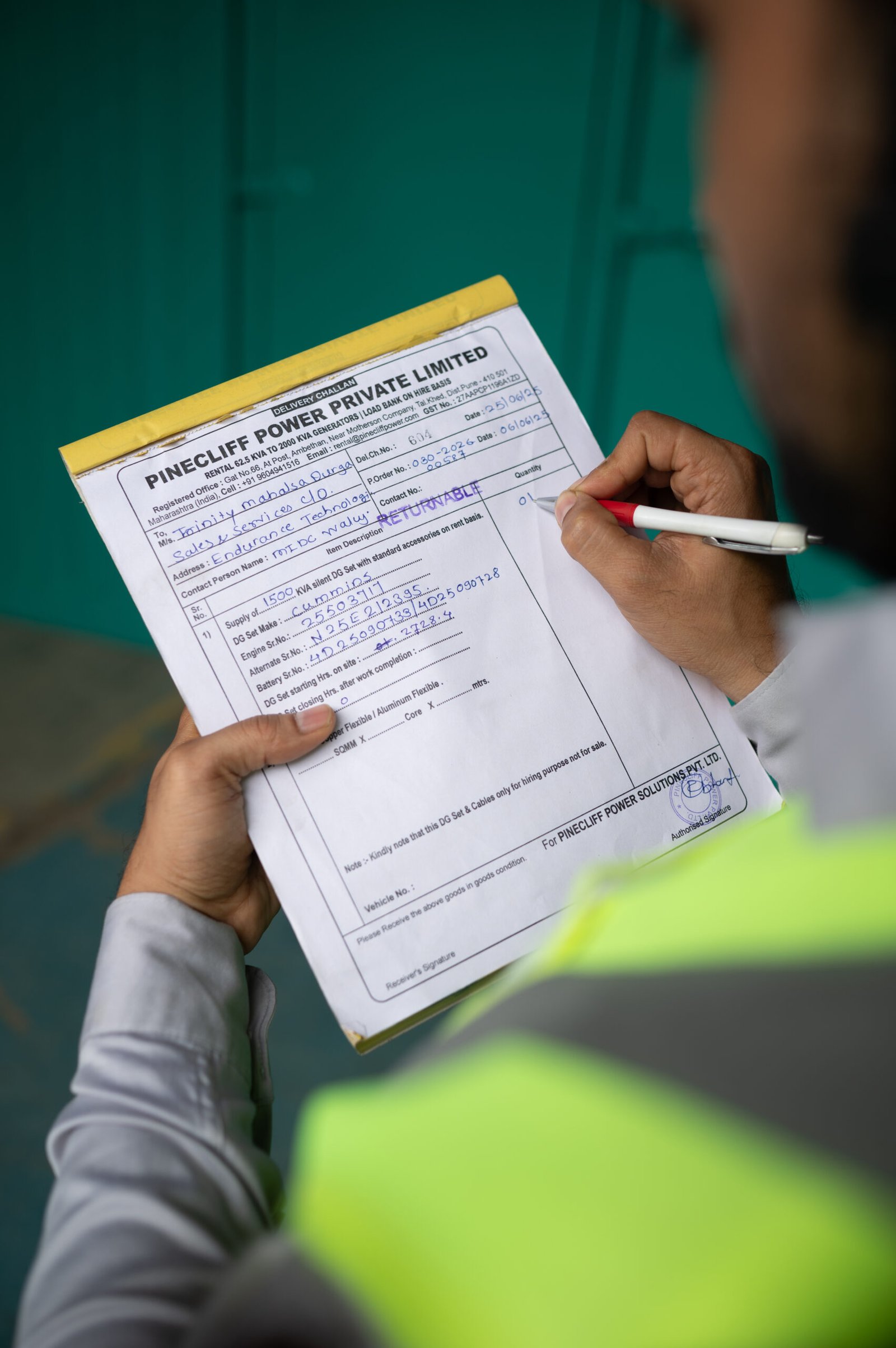 Person filling out a form of Diesel Generators